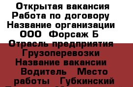 Открытая вакансия. Работа по договору › Название организации ­ ООО “Форсаж-Б“ › Отрасль предприятия ­ Грузоперевозки › Название вакансии ­ Водитель › Место работы ­ Губкинский,Пуровск › Минимальный оклад ­ 900 › Максимальный оклад ­ 1 000 › Возраст от ­ 20 › Возраст до ­ 65 - Ямало-Ненецкий АО, Губкинский г. Работа » Вакансии   